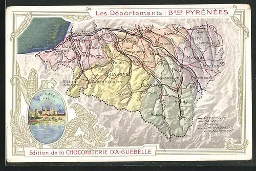 Sammelbild Bses Pyrénées, Chocolaterie d`Aiguebelle, Les Départements, Le Gave Pau, Landkarte mit Arthez und Monein