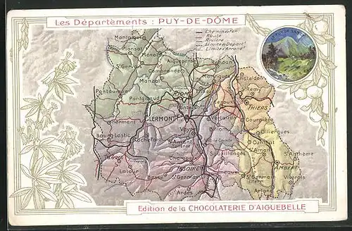 Sammelbild Puy-de-Dôme, Chocolaterie d`Aiguebelle, Les Départements, Le Puy de Sancy, Landkarte mit Thiers und Ambert