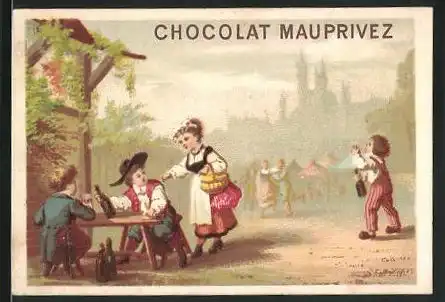 Sammelbild Chocolat Mauprivez, Mädchen bei Jungen am Gartentisch