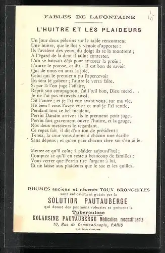 Sammelbild Solution Pautauberge, Fables de Lafontaine, L`Huître et les Plaideurs