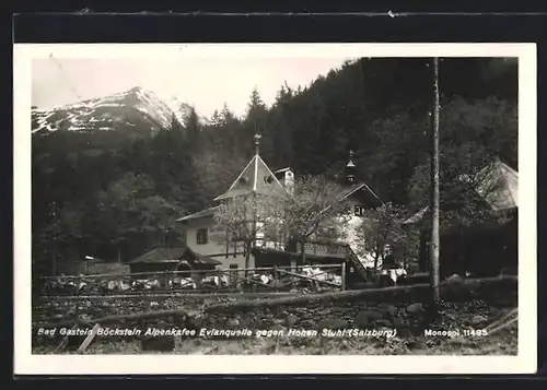 AK Böckstein, Alpencafé u. Restaurant Österreichische Evianquelle gegen den Hohen Stuhl