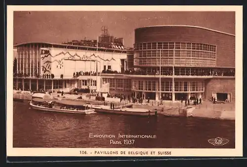 AK Paris, Exposition internationale 1937, Pavillon de Belgique et de Suisse, vu du Pont d`Iena