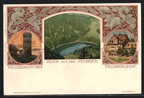 Lithographie Feldberg, Felsee, feldbergturm, Hotel Feldbergerhof