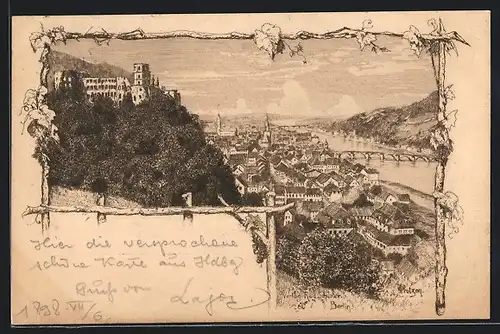 Lithographie Heidelberg, Totalansicht aus der Vogelschau