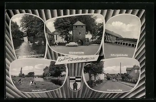 AK Wardenburg, Wassermühle, Glockenturm, Schulgebäude, Huntemotiv, Hauptstrasse