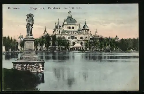AK Bremen, Restaurant Parkhaus am Bürgerpark mit Denkmal