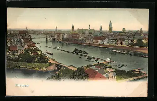 AK Bremen, Uferpartie mit Kirche und Brücke