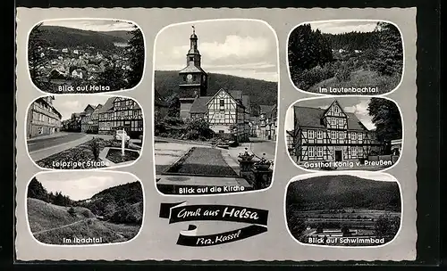 AK Helsa, Blick zur Kirche, Leipziger Strasse, Gasthof König von Preussen, Lautenbachtal und Ibachtal