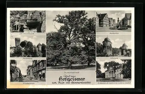 AK Hofgeismar am Fusse des Reinhardswaldes, Mühlenstrasse mit Geschäften, Trendelburg, Marktplatz mit Brunnen