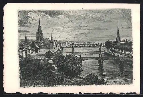Künstler-AK Frankfurt a. M., Mainansicht, Ort mit Brücke