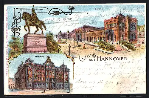 Lithographie Hannover, Ernst-August-Denkmal, Bahnhof, Hauptpost