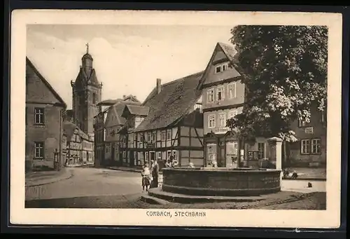 AK Corbach, Strasse Stechbahn mit Geschäften und Brunnen