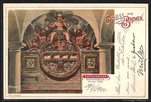 Lithographie Bremen, Gasthaus Ratskeller, Bachusfass Anno 1653