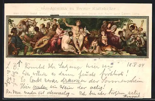 Künstler-AK Bremen, Wandgemälde im Gasthaus Bremer Ratskeller, Bacchus vivat! Bacchus lebe! Bacchus der den Wein erfand!