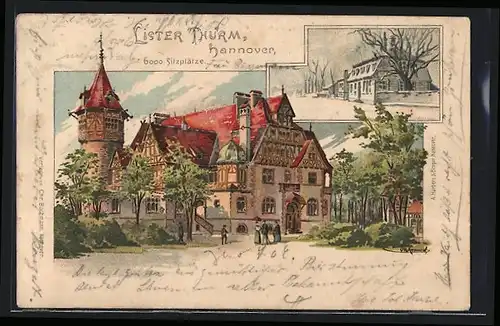 Lithographie Hannover, Gasthaus am Lister Turm, Strassenpartie im Winter