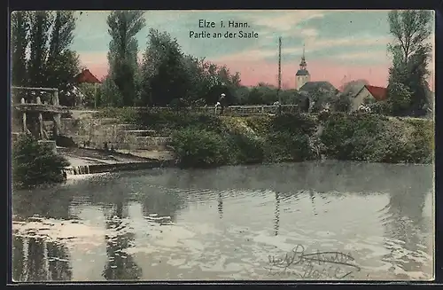 AK Elze i. Hann., Partie an der Saale mit Kirche