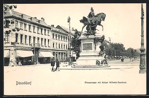 AK Düsseldorf, Alleestrasse mit Geschäft und Kaiser Wilhelm-Denkmal