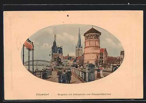 Präge-AK Düsseldorf, Burgplatz mit Schlossturm und Düsselschlösschen, Passepartout