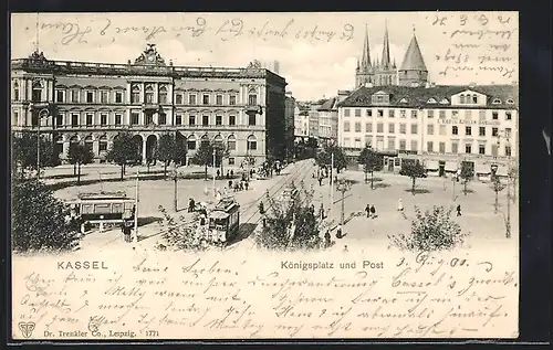 AK Kassel, Königsplatz und Post mit Strassenbahn