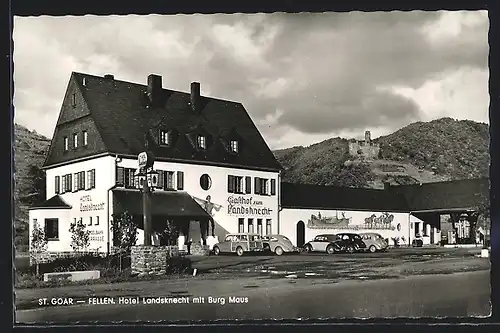 AK St. Goar-Fellen, Hotel Landsknecht am Rhein mit Burg Maus