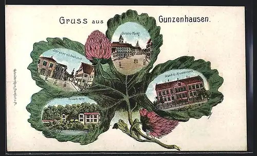 Lithographie Gunzenhausen, Schranne Strasse mit Realschule, Distrikts-Krankenhaus