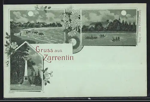 Mondschein-Lithographie Zarrentin, Ortsansicht bei Vollmond, Denkmal