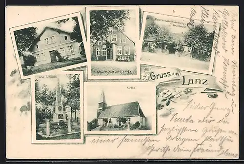 AK Lanz, Gastwirtschaft von G. Fritze, Jahn Denkmal, Kirche