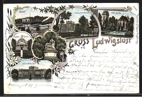 Lithographie Ludwigslust, Bahnhof, Schloss, Lutherkirche