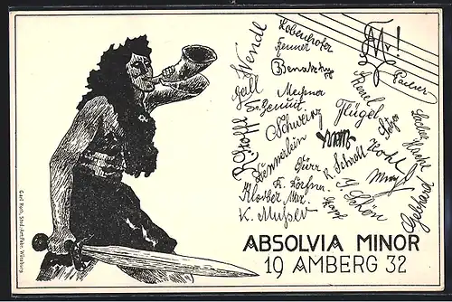 Künstler-AK Amberg, Absolvia Minor 1932, Kämpfer mit Schwert und Horn