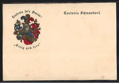 AK Schwandorf, Studentenwappen der Teutonia Einig und treu, Blau-rot verziert mit Krone und Federn