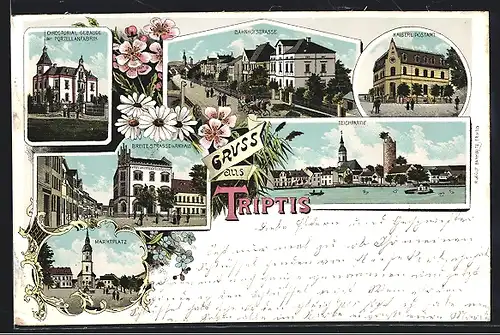Lithographie Triptis, Bahnhofstrasse, Kaiserl. Postamt, Marktplatz
