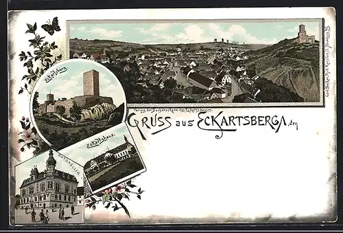 Lithographie Eckartsberga, Eckartshaus, Gasthaus Ratskeller, Eckartsburg, Ortsansicht