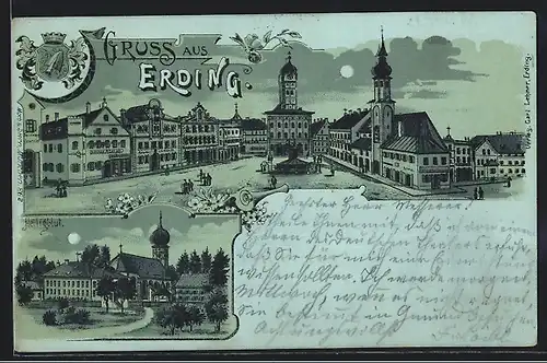 Mondschein-Lithographie Erding, Kirche Heiligblut, Marktplatz mit Brauerei