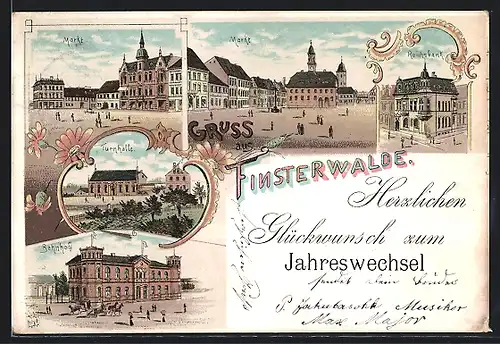 Lithographie Finsterwalde, Bahnhof, Reichsbank, Marktplatz