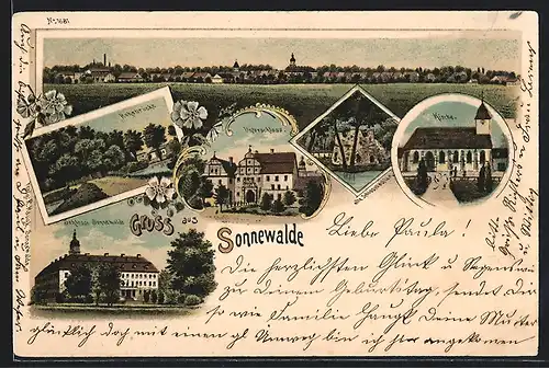Lithographie Sonnewalde, Kirche, Unterschloss, Hohebrücke