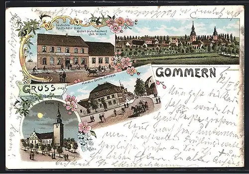 Lithographie Gommern, Hotel Deutsches Haus, Markt u. Breitestrasse