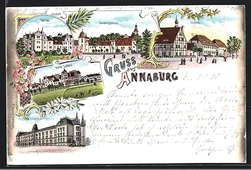 Lithographie Annaburg, Schloss, Markt bei Dämmerung