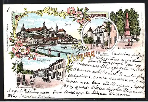 Lithographie Neuburg a. D., Luitpoldstrasse, Kriegerdenkmal, Schloss