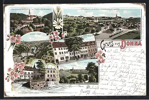 Lithographie Dohna, Gasthaus Rathskeller, Schloss Wesenstein, Niedere Stadt