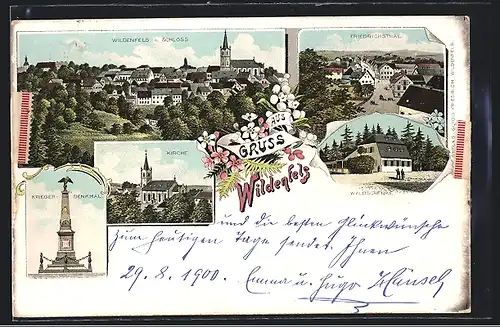 Lithographie Wildenfels, Gasthaus Waldschenke, Kriegerdenkmal, Kirche