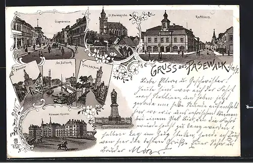 Lithographie Pasewalk, Ückerstrasse, Kürassier-Kaserne, Rathaus