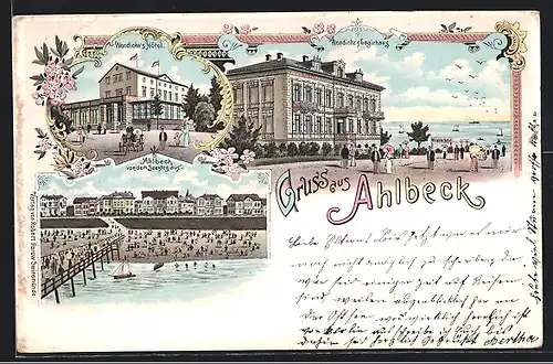 Lithographie Ahlbeck, Wendicke`s Hotel, Logirhaus, Ortsansicht vom Seesteg aus