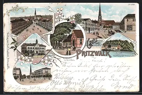 Lithographie Pritzwalk, Hagenstrasse mit Kirche, Krankenhaus