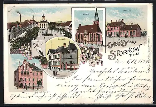 Lithographie Storkow /Mark, Bahnhof, Kirche, Postamt
