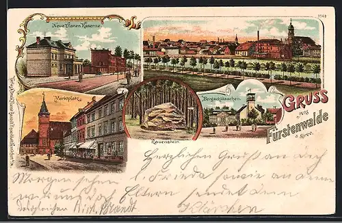 Lithographie Fürstenwalde a. Spree, Neue Ulanen Kaserne, Marktplatz, Bergschlösschen