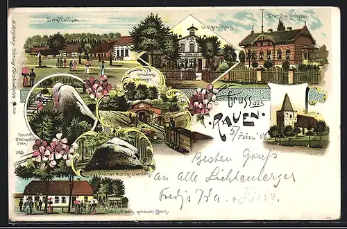 Lithographie Rauen, Gasthof zum grossen Stein, Kirche, Gruben-Einfahrt