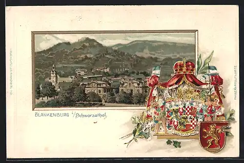 Passepartout-Lithographie Blankenburg i. Schwarzathal, Panoramablick auf die Ortschaft, Wappen