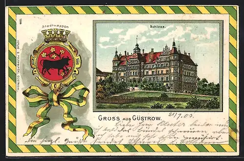 Passepartout-Lithographie Güstrow, Schloss, Stadtwappen