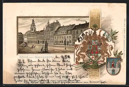 Passepartout-Lithographie Frankenberg, Stadtbrauerei, Kirche, Brunnen, Wappen