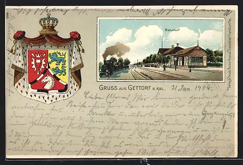 Passepartout-Lithographie Gettorf b. Kiel, Bahnhof mit Dampfzug, Wappen